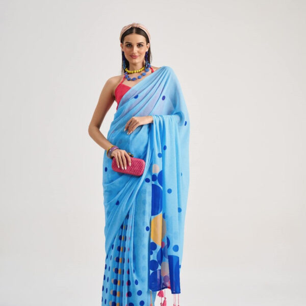 Light Blue Georgette Saree with Dark Blue Polka Dots