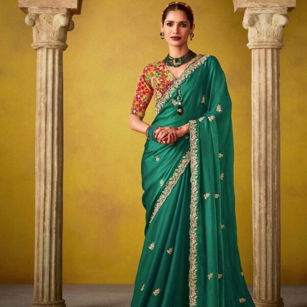 Emerald Green Glass Tissue Saree with Sequins Embroidery Work