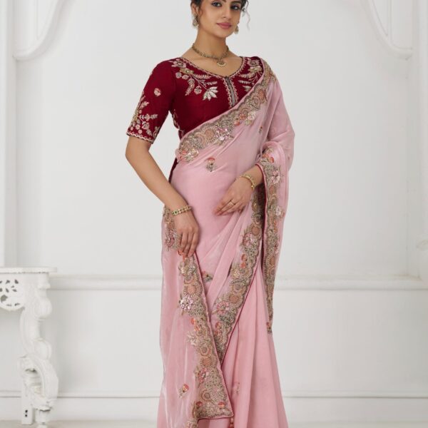 Pink Fendi Silk Saree with Zari & Sequin Embroidery