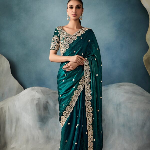 Bottle Green Tissue Saree with Hand Embroidery & Cutwork Border