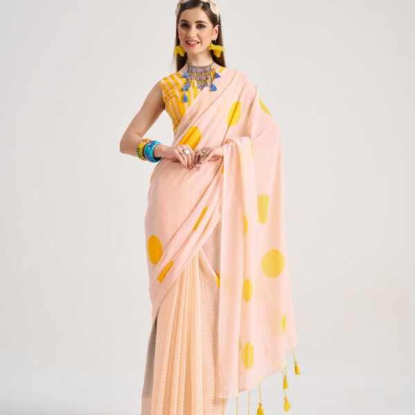 Peach Georgette Saree with Yellow Polka Dots