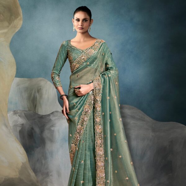 Sage Green Tissue Saree with Hand Embroidery and Border