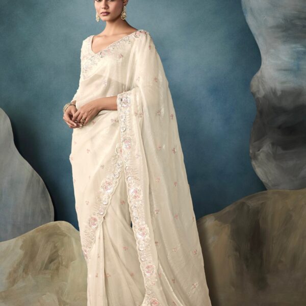 Off-White Tissue Saree with Hand Embroidery & Cut Work Border