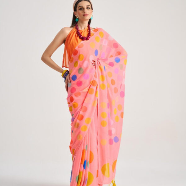 Bright Pink Georgette Saree with Yellow Polka Dots