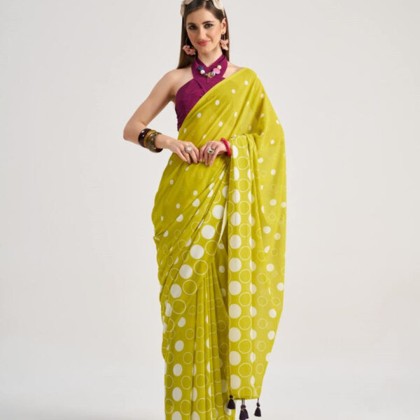 Lime Green Georgette Saree with White Polka Dots