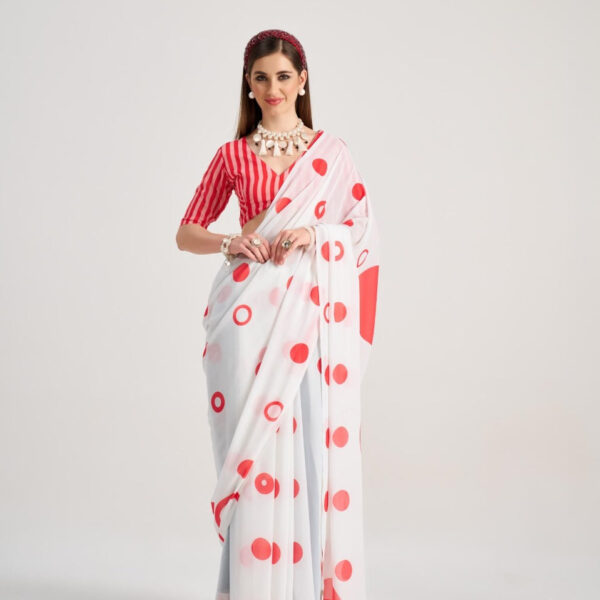 White Georgette Saree with Bold Red Polka Dots