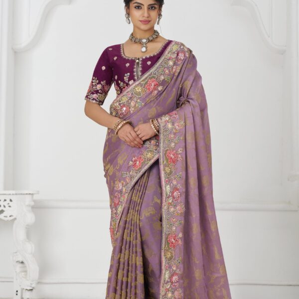 Mauve Dola Silk Saree with Multicolor Thread & Sequin Work