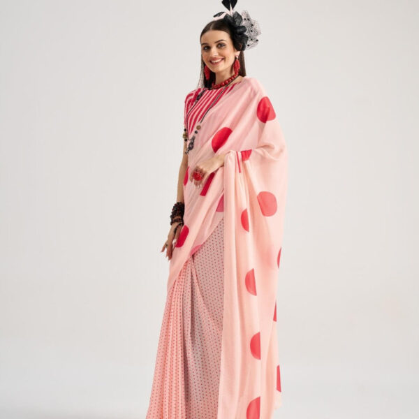 Light Pink Polka Dot Georgette Saree with Red Circular Print