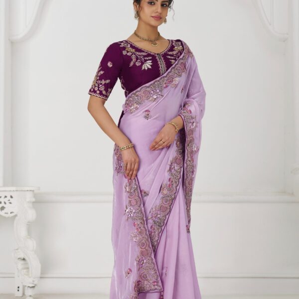 Mauve Fendi Silk Saree with Zari & Sequin Embroidery