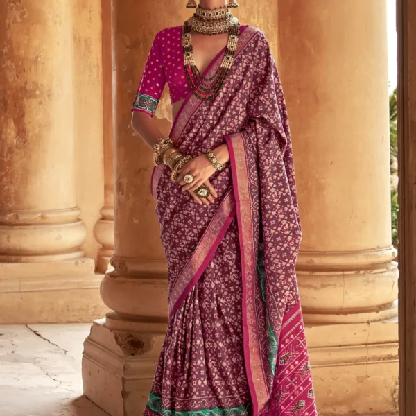 Magenta Patola Silk Saree with Traditional Ikat Weave and Pink-Gold Zari Pallu