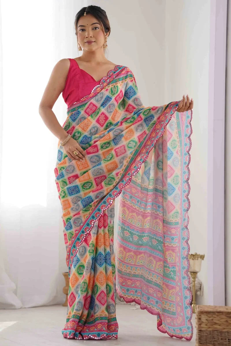 Multicolor Bandhani Printed Summer Chinon Saree - Image 4