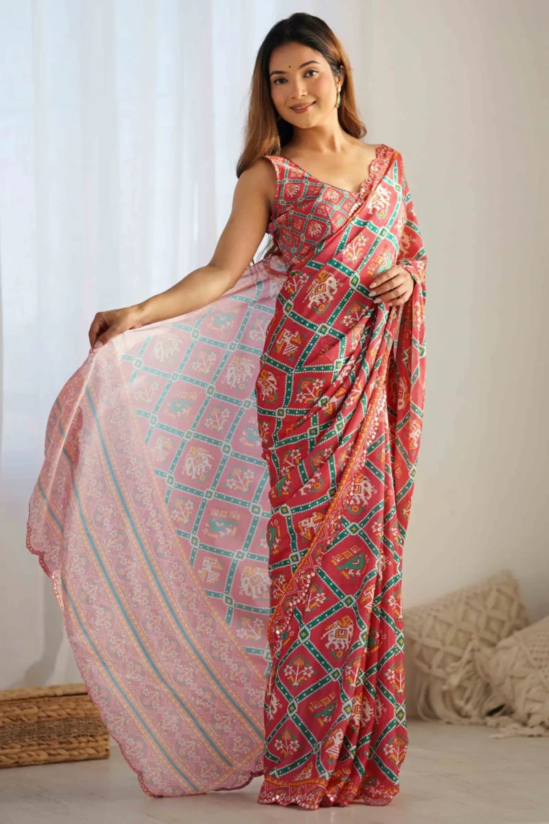 Gajri Pink Patola Printed Premium Chinon Saree - Image 4