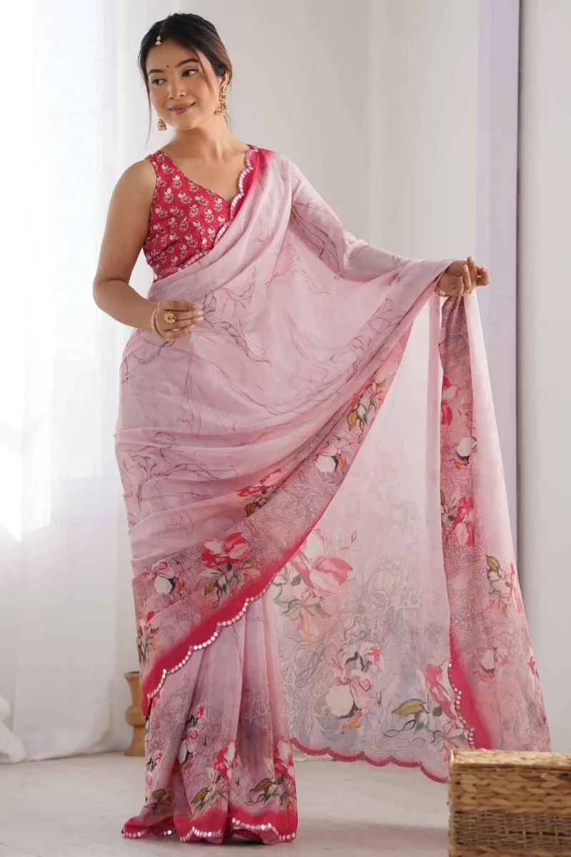 Baby Pink Floral Printed Chinon Summer Saree - Image 4