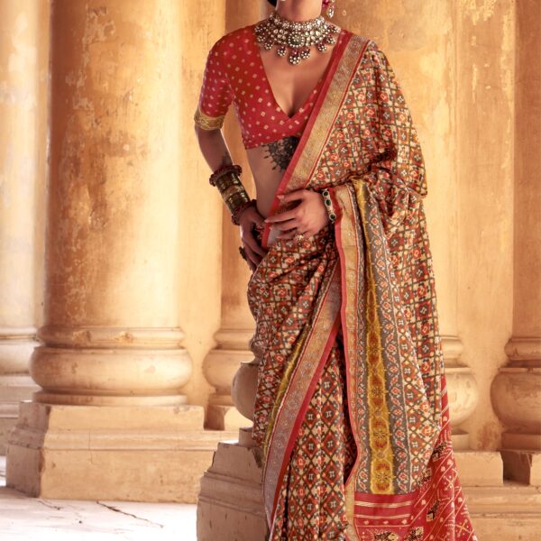 Mustard Yellow Patola Silk Saree with Maroon Zari Pallu and Ikat Motifs