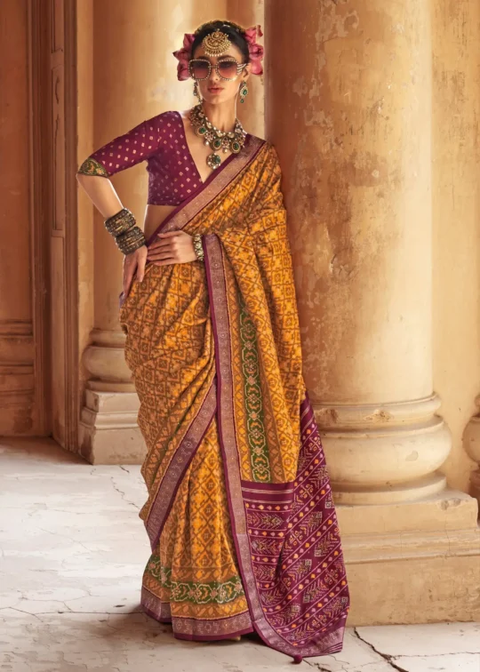 Rust & Mustard Patola Silk Saree with Traditional Ikat Design and Zari Border