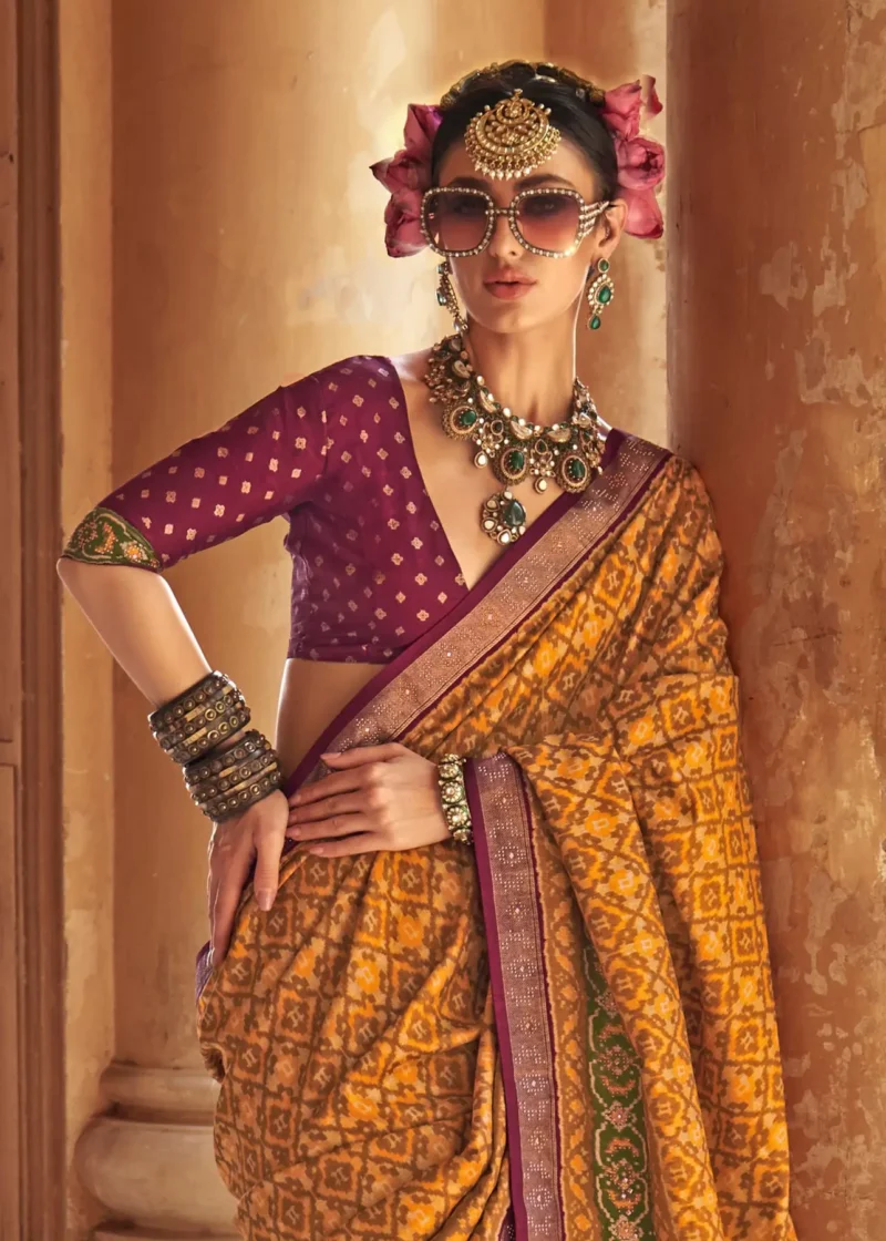 Rust & Mustard Patola Silk Saree with Traditional Ikat Design and Zari Border - Image 3