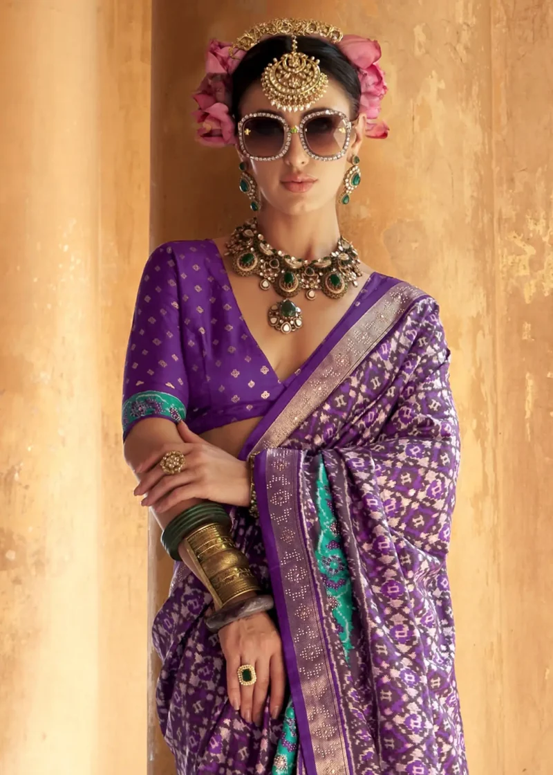 Purple Patola Silk Saree with Aqua Ikat Motifs and Silver Zari Border - Image 3