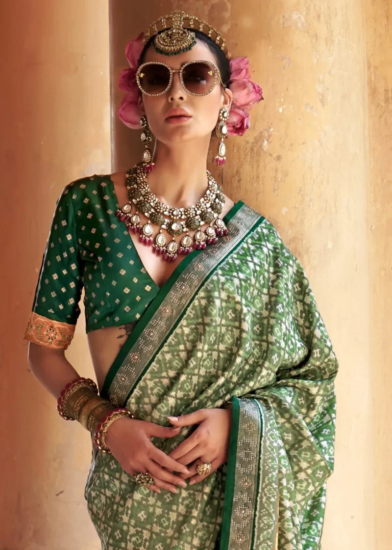 Emerald Green Patola Silk Saree with Ikat Motifs and Silver Zari Border - Image 4