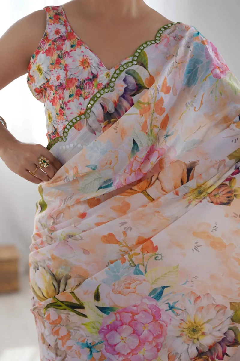 Off White Floral Printed Chinon Summer Saree - Image 5
