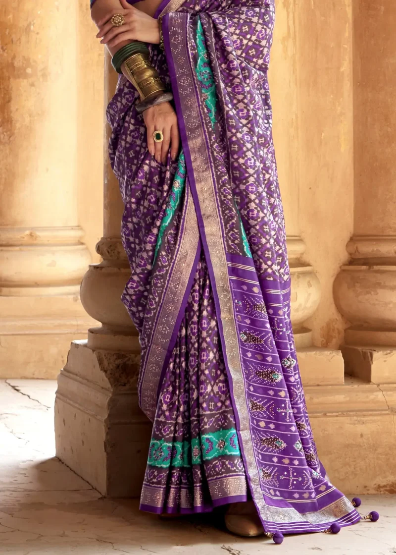 Purple Patola Silk Saree with Aqua Ikat Motifs and Silver Zari Border - Image 4