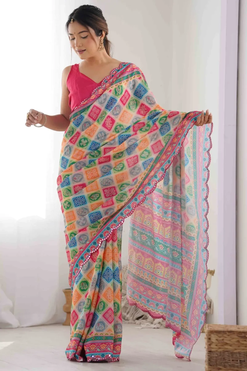 Multicolor Bandhani Printed Summer Chinon Saree - Image 3