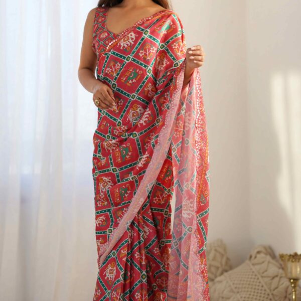 Gajri Pink Patola Printed Premium Chinon Saree