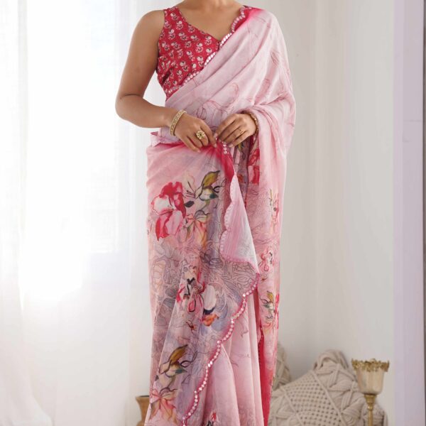 Baby Pink Floral Printed Chinon Summer Saree
