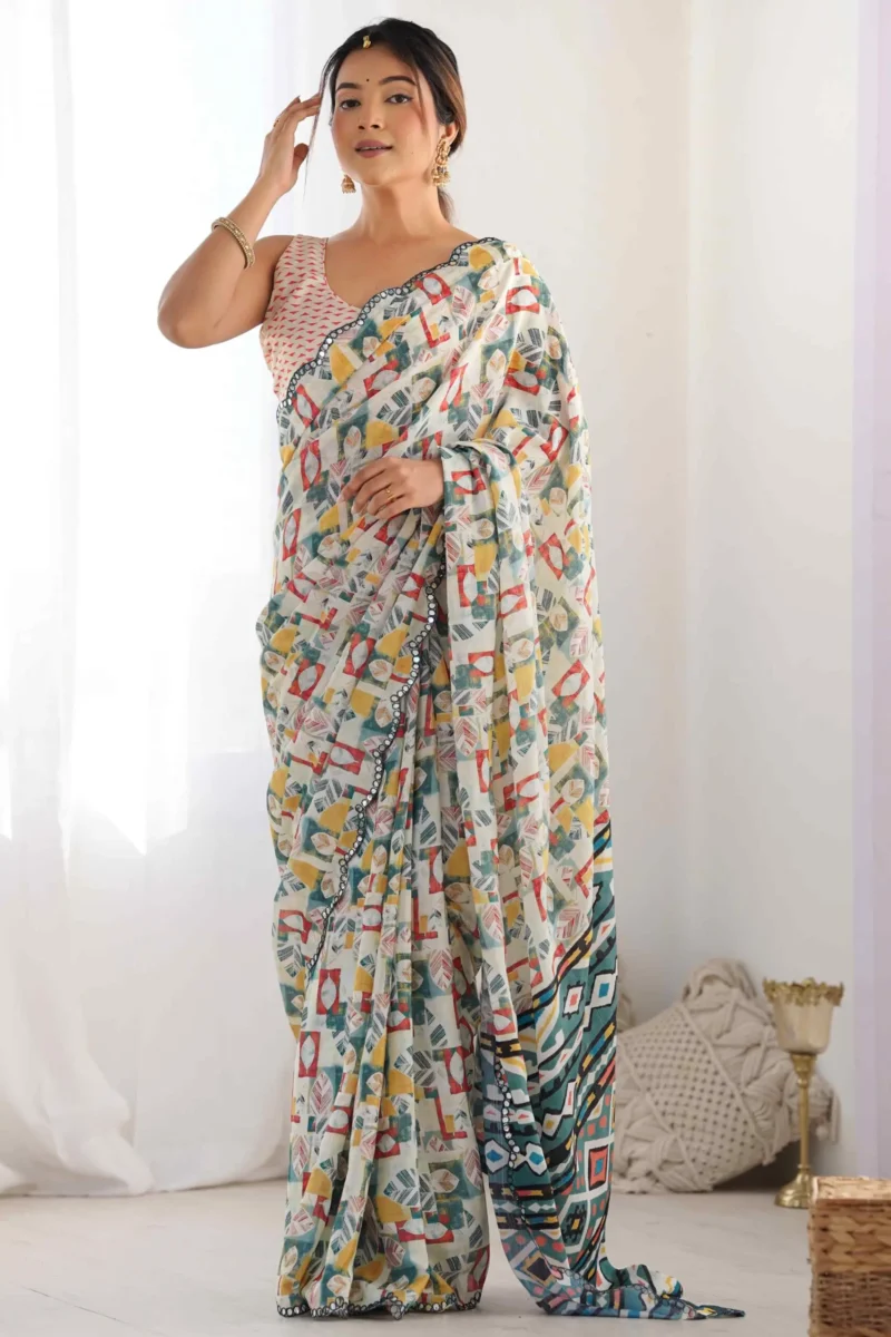 Off White Abstract Leaves Printed Chinon Summer Saree - Image 4