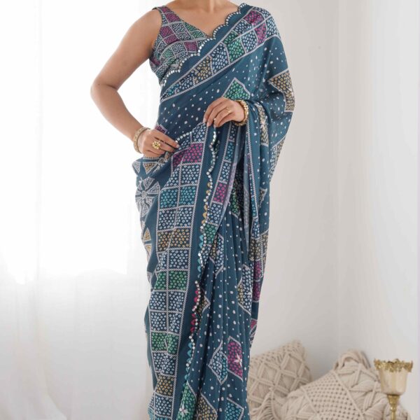 Teal Geometric Printed Premium Chinon Summer Saree