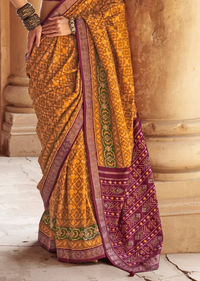 Rust & Mustard Patola Silk Saree with Traditional Ikat Design and Zari Border - Image 4