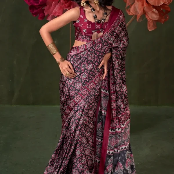 Burgundy Printed Satin Silk Crepe Saree
