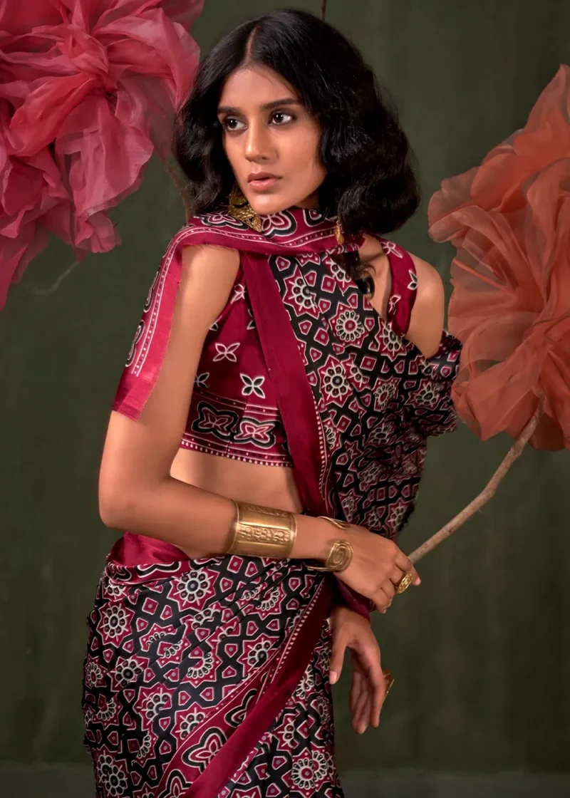 Burgundy Printed Satin Silk Crepe Saree - Image 3