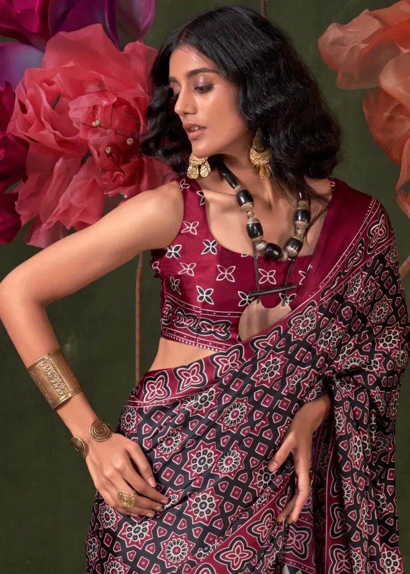 Burgundy Printed Satin Silk Crepe Saree - Image 2