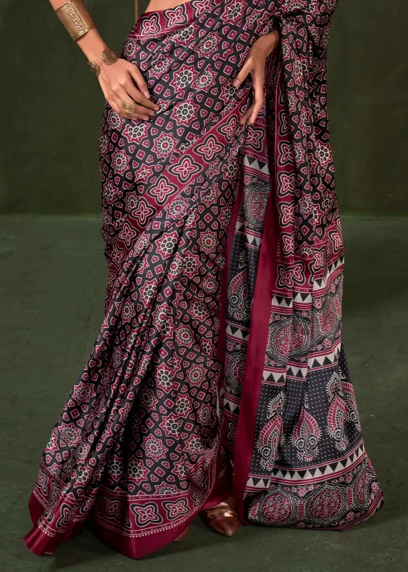 Burgundy Printed Satin Silk Crepe Saree - Image 4