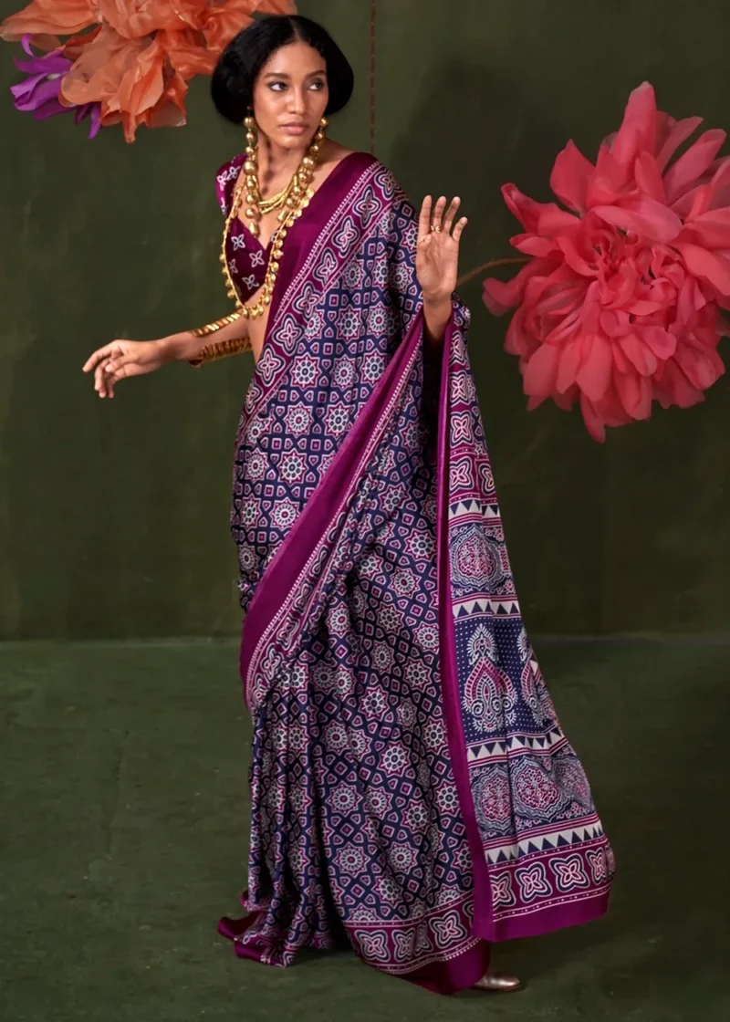 Purple Printed Satin Silk Crepe Saree - Image 3