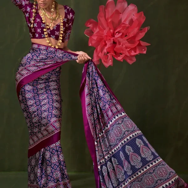 Purple Printed Satin Silk Crepe Saree