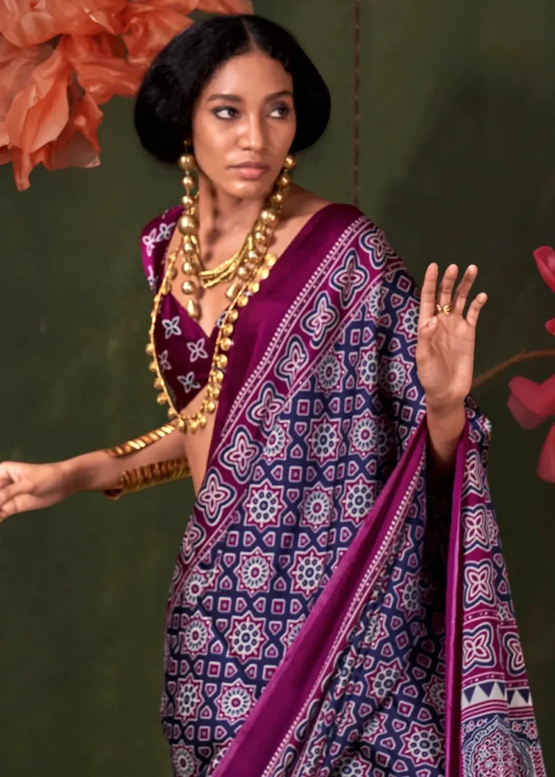 Purple Printed Satin Silk Crepe Saree - Image 2