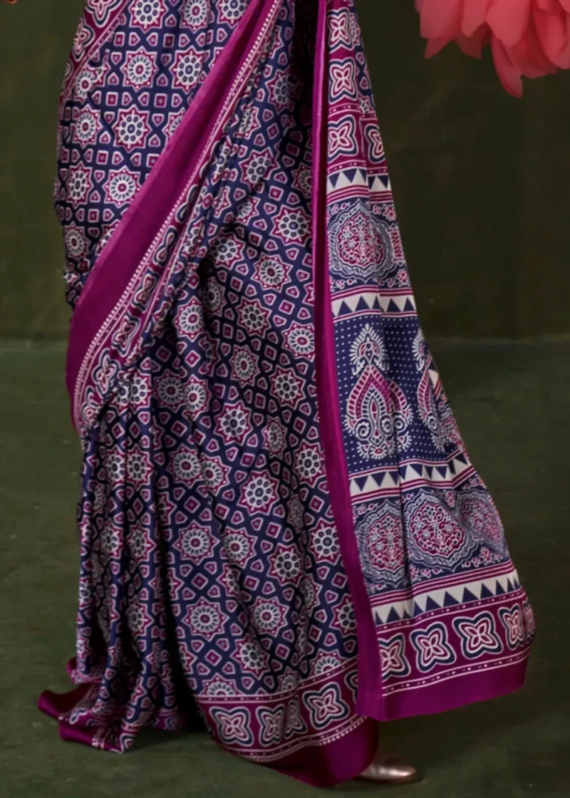 Purple Printed Satin Silk Crepe Saree - Image 4