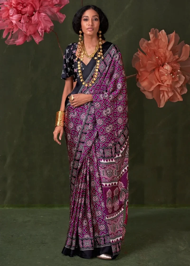 Phlox Purple Printed Satin Crepe Silk Saree - Image 2