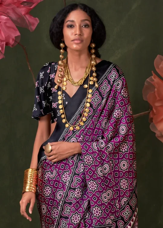 Phlox Purple Printed Satin Crepe Silk Saree