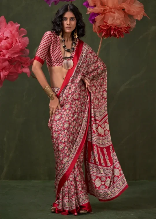 Red Peinted Ajrakh Satin Crepe Saree