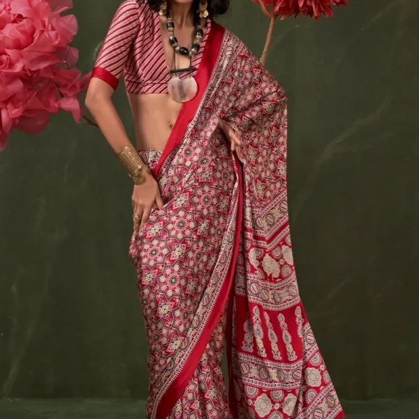 Red Peinted Ajrakh Satin Crepe Saree