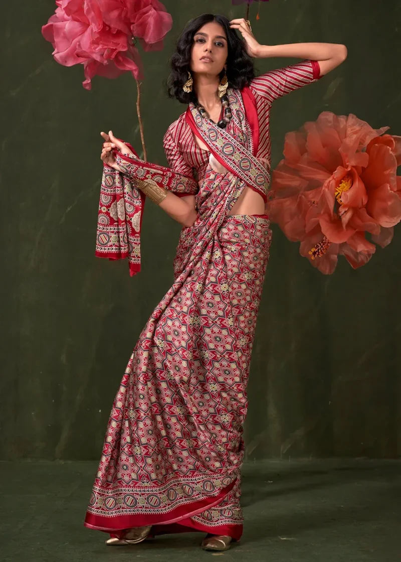 Red Peinted Ajrakh Satin Crepe Saree - Image 4