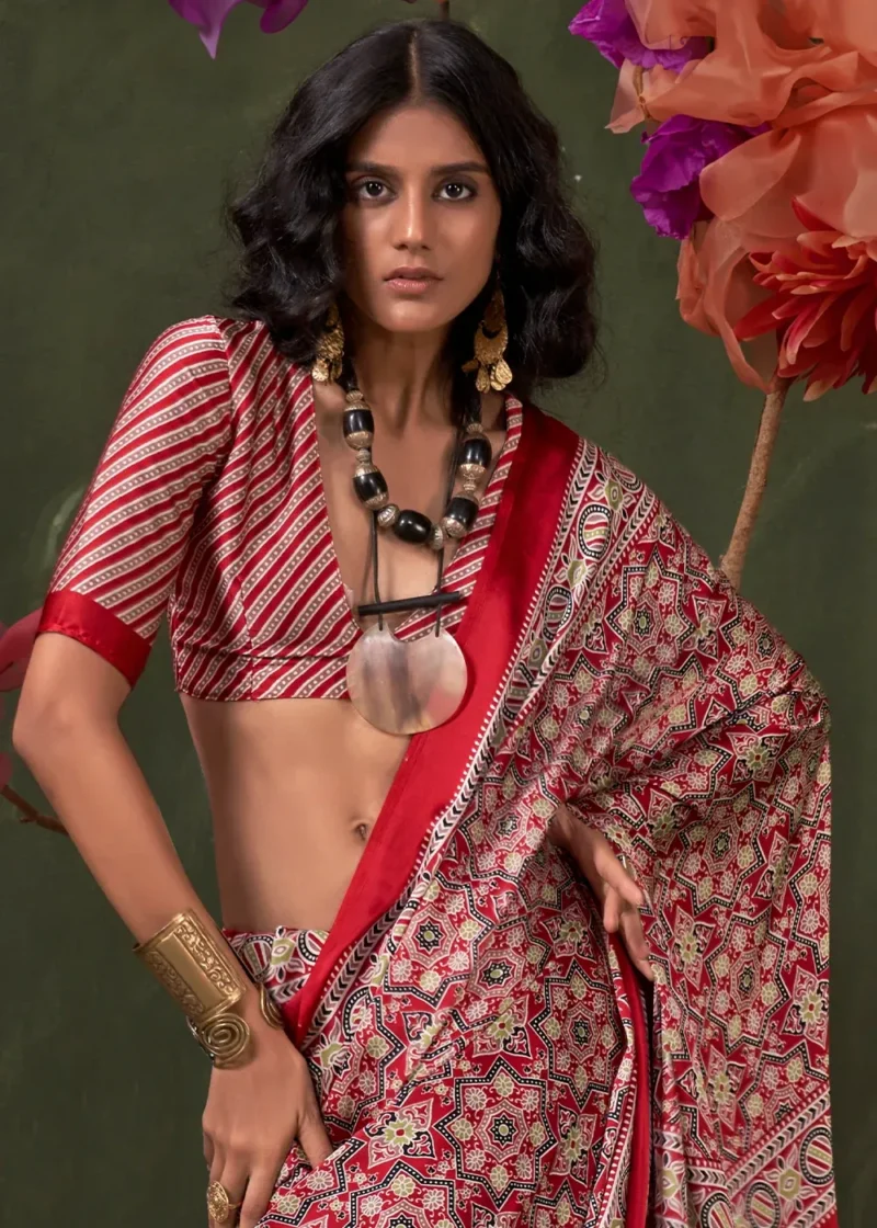 Red Peinted Ajrakh Satin Crepe Saree - Image 2