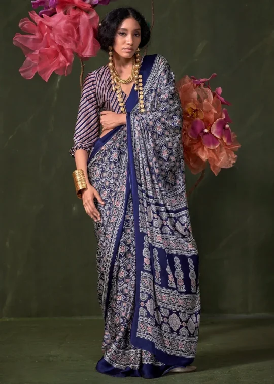 Blue Peinted Ajrakh Satin Crepe Saree