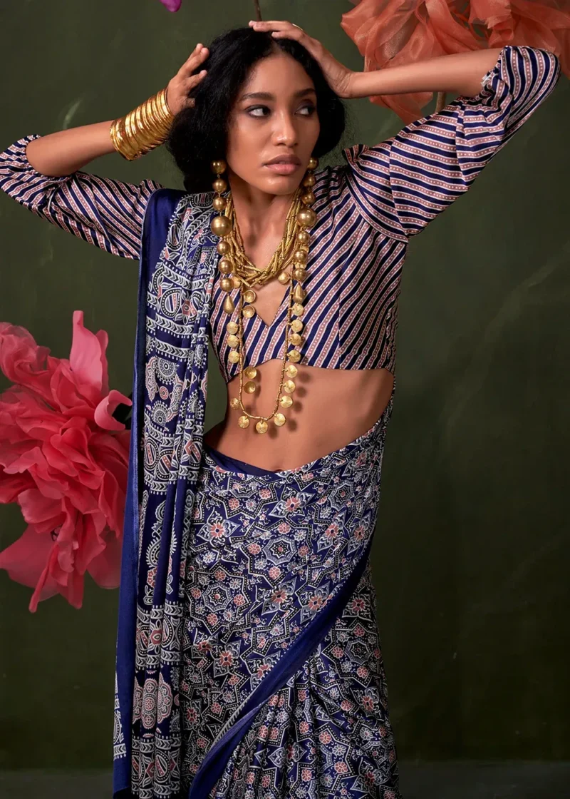 Blue Peinted Ajrakh Satin Crepe Saree - Image 3