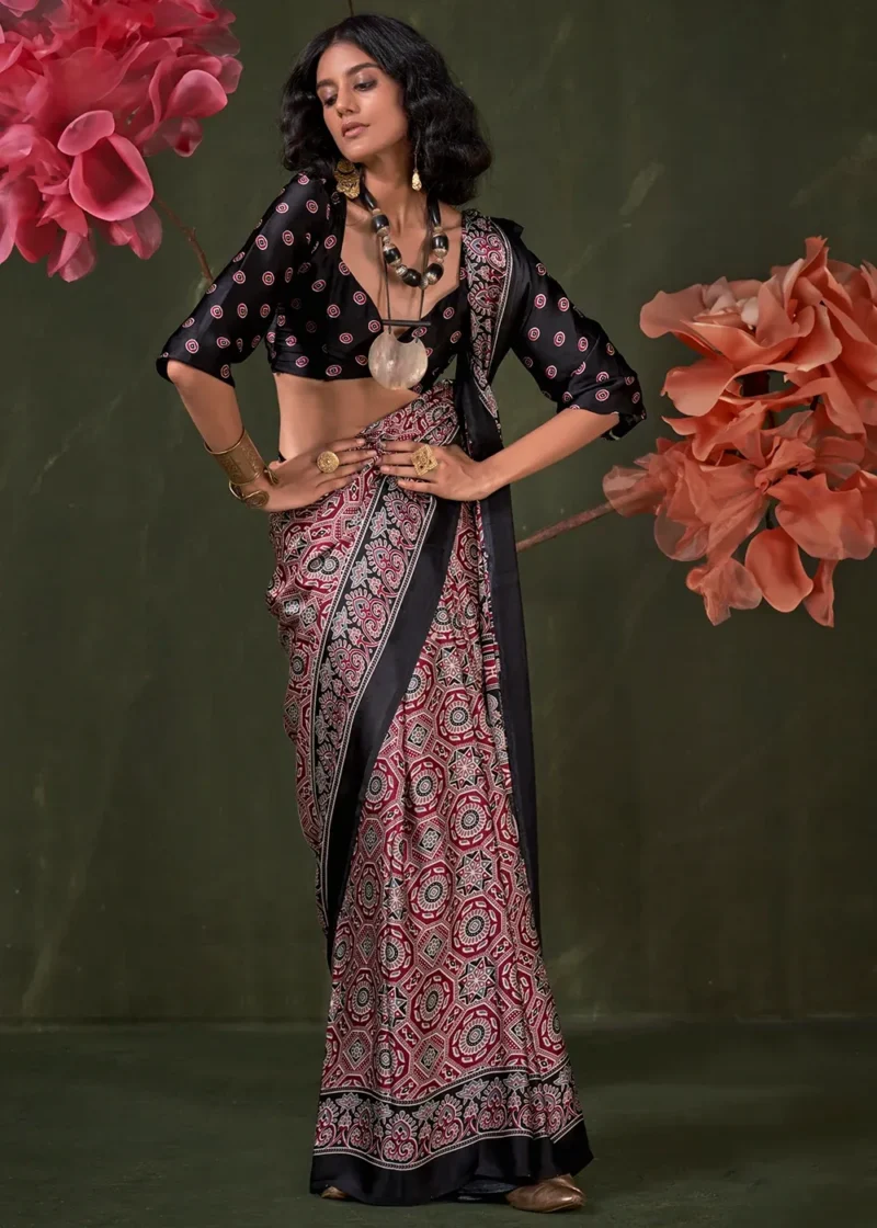 Black and Red Printed Satin Crepe Silk Saree - Image 2