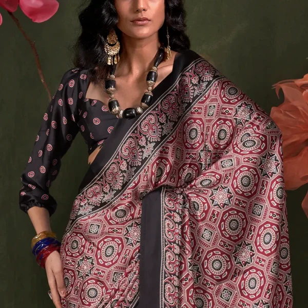 Black and Red Printed Satin Crepe Silk Saree