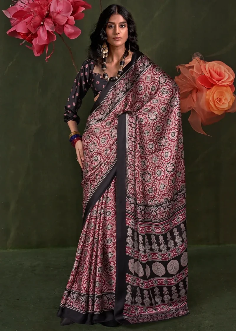 Black and Red Printed Satin Crepe Silk Saree - Image 3