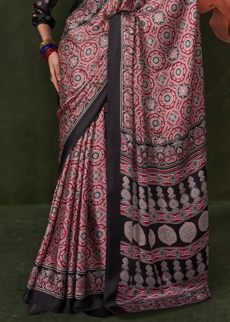 Black and Red Printed Satin Crepe Silk Saree - Image 4